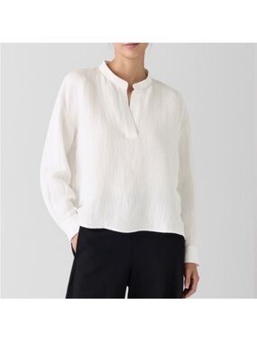 Eileen Fisher Silk / Linen Box, Band Collar Blouse, Size Large, EUC